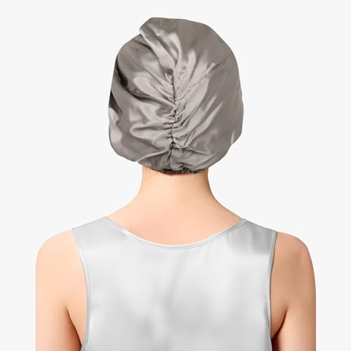SILKTALE 100% Mulberry Silk Bonnet for Sleeping Sleep Cap for Women/Men,Double Layer 19 Momme Grade 6a Turban for Curly Hair Grey - Image 4