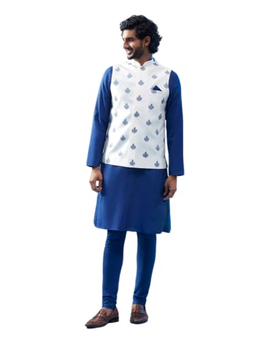 Image of KISAH Men's Kurta Jacket Churidar Set, Sea Green Art Silk, Embroidered Long Sleeves Regular Fit Mandarin Collar