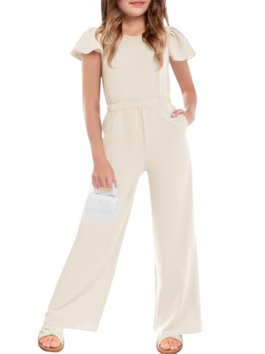 Haloumoning Girls Jumpsuit Kids Fashion Ruffle Cap Sleeve Wide Leg Rompers One Piece Outfits with Pockets