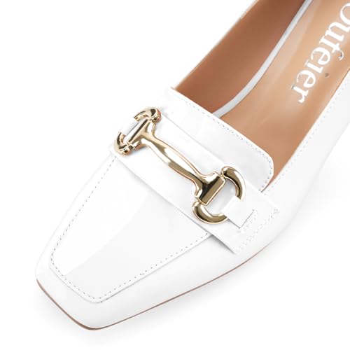 Image of Womens Mid Block Chunky Heeled Loafers Closed Square Toe Patent Leather Comfortable Slip On Pumps Metal Chain Basic Classic Casual Work Office Dress Shoes 2.8 Inches Heels