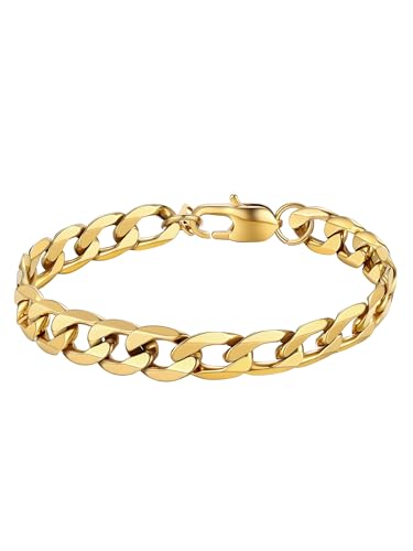 PROSTEEL Gourmette Homme Plaqué Or de 23cm, Chaîne Bracelet Plaqué Or Gros Maillon 9mm de Large
