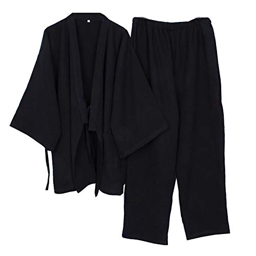 Bata de meditación Japonesa para Hombre Bata de algodón de Gasa Doble Pijama de Kimono Camisón [Negro, Talla XL]