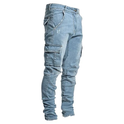 Men's Fashion Slim Fit Jeans Stretch Ripped Skinny Jeans Casual Denim Cargo Pants Jeans with Cargo Pockets