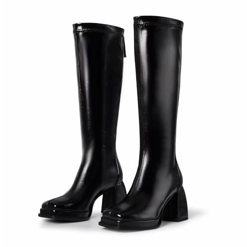 vimitty Fashion Knee High Boots Women Chunky Heel Square Toe Tall Boots for Women High Heel Black Side Zipper Long Boots3