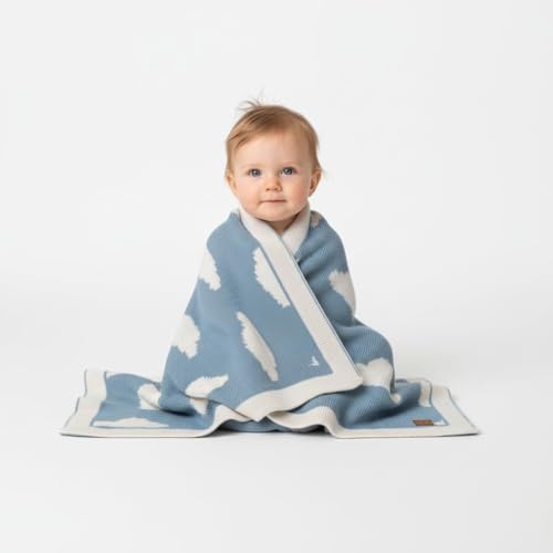 Image of Little Dedi Baby Blanket 30x40 in – Soft Reversible Acrylic Knit Blanket with Bow, Oeko-TEX Certified, Cloud Smoke Blue, Cozy Newborn Baby Blanket for Crib, Stroller & Nursery