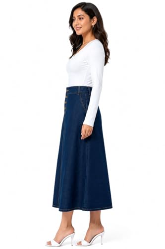Image of Navy Blue Plus Size Buttoned A-Line Maxi Denim Women Skirt
