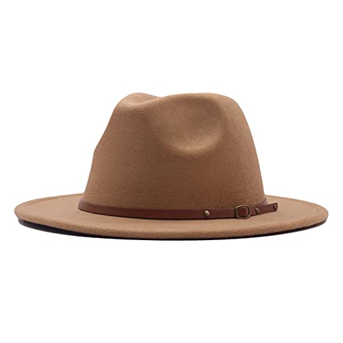 Hebilla de cinturón para mujer Sombrero de lana Panamá Floppy Fedora Sombrero Clásico Gorras de béisbol Anchas Navidad Invierno, caqui, talla única