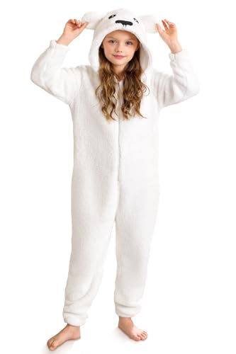 BesserBay Kinder Mädchen Jungen Fleece Warm Reißverschluss Kapuze Kostüm Hausanzug Overall Jumpsuit Bär Weiß 7-8 Jahre
