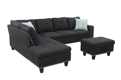 EMKK Sectional Sofa with Ottoman, Living Room Furniture Set, Left Facing Chaise, 2 Cup Holders,Comfy Upholstered Sofa&Couch Corner Couch for Apartment Office, 1-Modular Gray