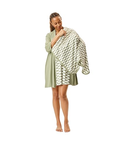 Motherhood Maternity Womens Nursing Chemise Nightgown Robe and Swaddle 3-Piece Set Sage/Checkmate Sage Large