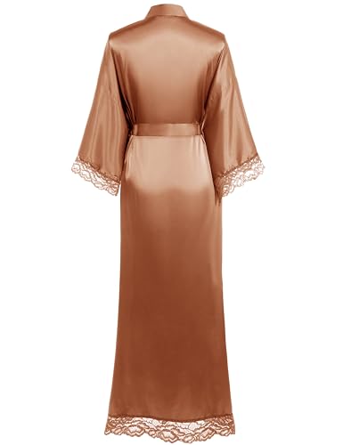 Image of BABEYOND Satin Kimono Robe Silky Long Bridesmaid Wedding Lightweight Bath Robe with Lace Trim