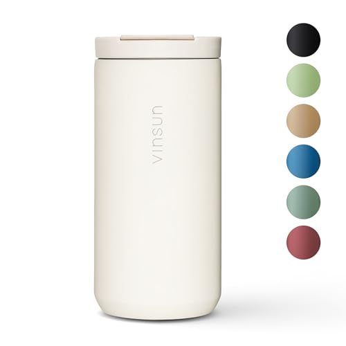 Vinsun Thermobecher Kaffee to go 380ml - Edelstahl, auslaufsicher, doppelwandig isoliert - Heiß & Kaltgetränke - creme weißer Kaffeebecher mit Deckel für Urlaub, Auto, Uni