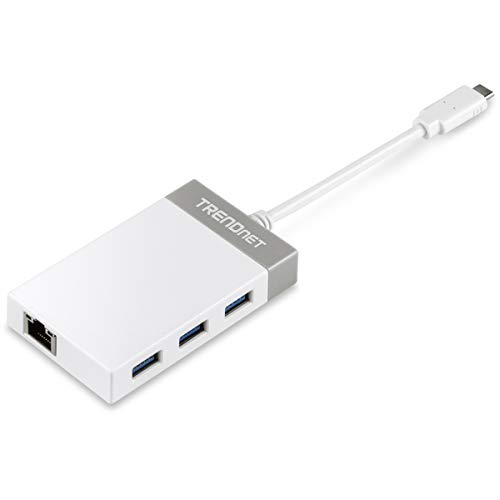 Image of TRENDnet USB C to Ethernet Gigabit Adapter, TUC-ETGH3, Compact USB Type C Hub, 3 x USB 3.0 Ports, 1 x RJ-45 Gigabit Ethernet Port, Windows and Mac Compatible, White
