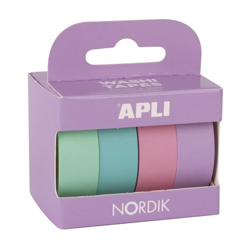 APLI - 18816 - Pack cintas adhesivas decorativas- papel tipo WASHI TAPE - colores pastel- 4 rollos- Cintas de 15 mm x 10 m