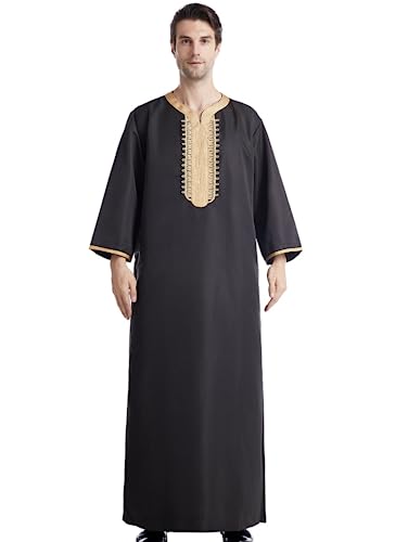 Chilaba Hombre - Kaftan Hombre Negro con Adornos Dorados - Camisetas Manga Larga Hombre - Caftan Hombre Refinado y Elegante - S