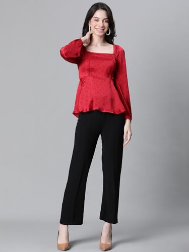 Image of Women Solid Round Neck Elasticated Polka Print Long Sleeve Top