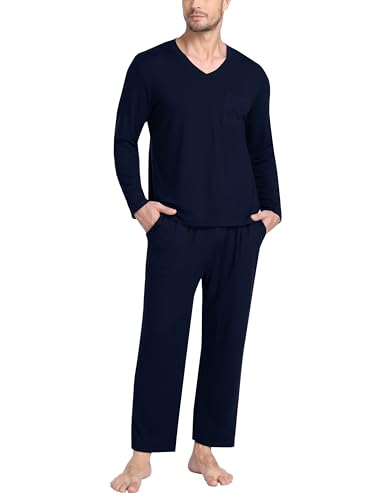 MoFiz Men's Long Sleeve Pajama Set Soft Lightweight 2-Piece Sleepwear V-Neck Pjs for Nightwear Home Lounge with Pockets3