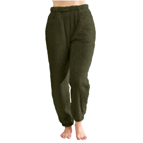 Women's Plush Fluffy Joggers Fashion Casual Fall Winter Fleece Pajama Pants Elastic Waisted Pj Bottoms Lounge Pants Army Green