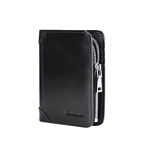 VANNANBA Genuine Leather Wallets for Men with Zipper Coin Pouch,RFID Blocking Bifold Front Poacket Multi Card Holder Wallet(Black)