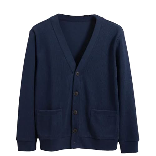 Men's Knitted Sweater Cardigan Business Casual Long Sleeve V-Neck Sweater Buttons Down Sweater with Pockets Navy