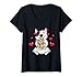 Damen Kawaii Miniatur Bullterrier Kuscheltier Herzen Hund T-Shirt mit V-Ausschnitt