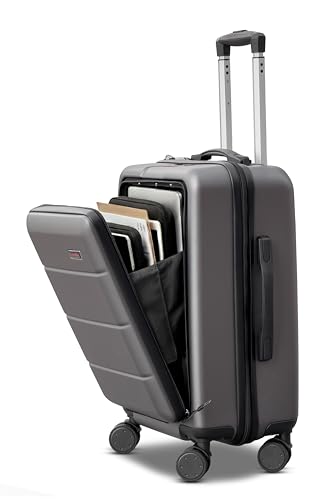 Multifunctional Front Opening Hardshell ABS Carry-On Luggage Lightweight Laptop Compartment Removable Wheels TSA Approved Lock (Grey Carry On-20-Inch)