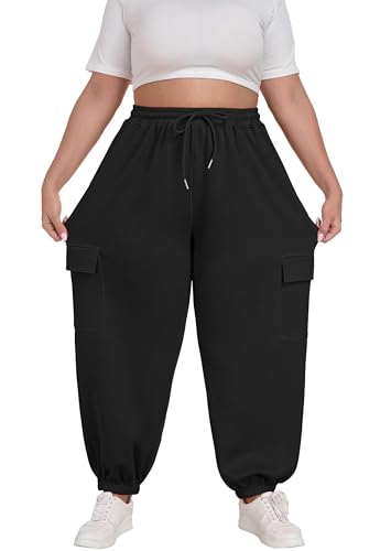 OLRIK Plus Size Cargo Sweatpants for Women Adjustable Drawstring Joggers Loose Fit Lounge Trousers with Pockets 20253