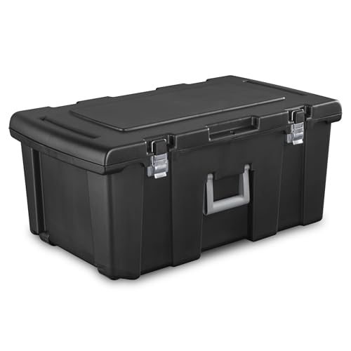 Lockable Large Footlocker Storage Bin, Black Heavy Duty Plastic with Handle & Wheels