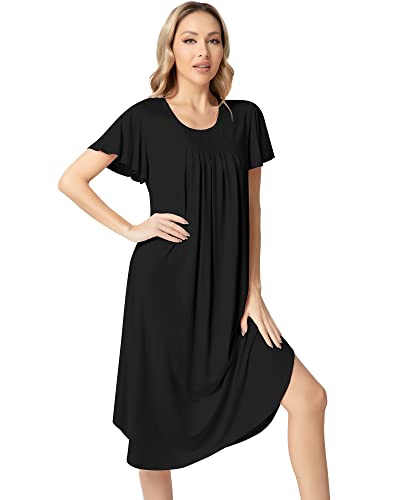Image of NACHILA Bamboo Viscose Nightgown for Women Short Sleeve Crew Neck Sleepwear