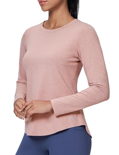 MIER Womens Long Sleeve Workout Shirts Athletic Gym Soft Breathable Tops Yoga Running Dry Fit Tshirts, Heather Pink, M