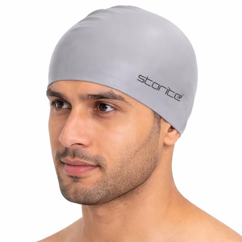 Image of Storite Silicone Swimming Cap for Men & Women (Grey) | Waterproof, For Long Hair Adults, Stretchable Anti-Slip, Pool Cap Professional Swimming Hat