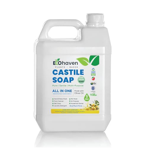 Ecohaven Organic Pure Castile Liquid Soap - 100% Natural Made with Organic Oils 18-in-1 Uses: Face Body Hair Laundry Pets and Dishes Concentrated Vegan Non-GMO Non Toxic - (5 liters)