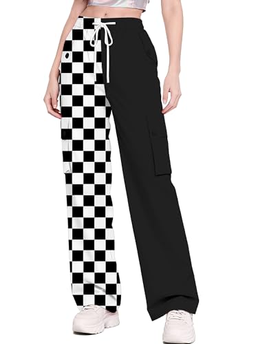 Image of Betusline Girls & Women's High Waist Wide Leg Cargo Pants Y2K Parachute Pants with Pockets and Drawstring 6 Years-Women 2XL