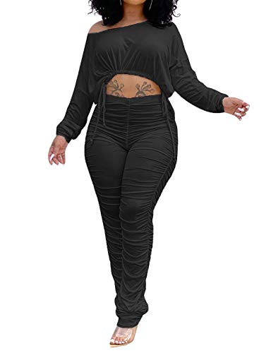 Womenâ€™s Sexy 2 Pieces Workout Outfit Off Shoulder Long Sleeve Crop Top Stacked Pants Set Tracksuit Sportswear Black XL