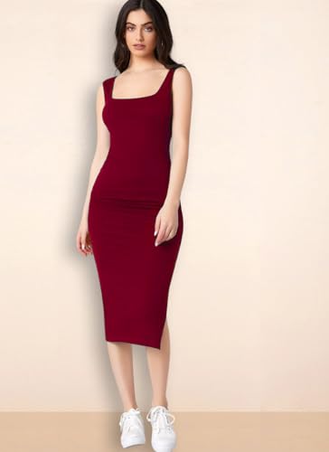 Image of rosery paris Square Neck Sleeveless Black Bodycon Dress for Women and Casual wear