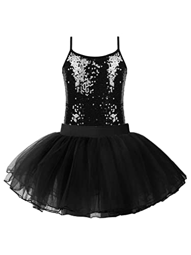 easyforever Girls Sequins Jazz Lyrical Ballet Modern Dance Costume Shiny Camisole Tank Crop Top with Mesh Tutu Skirt Set Black 16 Years
