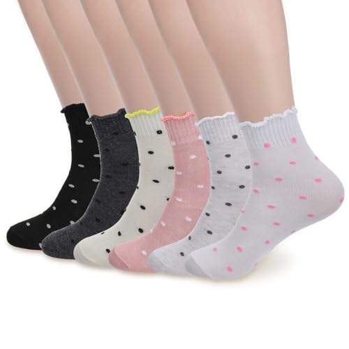 6 Pairs Women's Ruffle Socks, Breathable Ruffle Ankle Sock Soft Crew Socks Cute Polka Dot Cotton Sock for Women