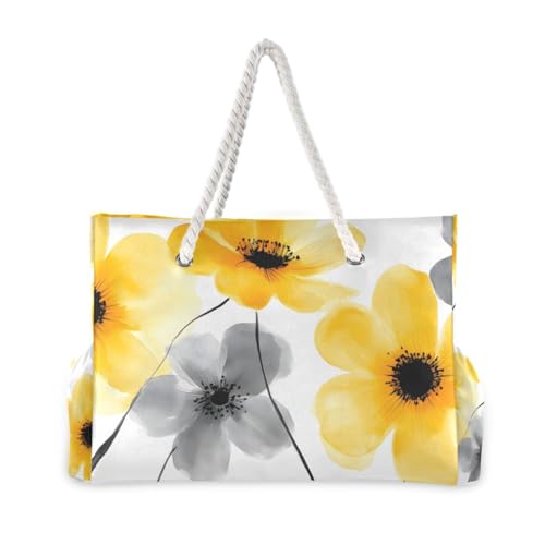 Beach Bag Floral Gray Yellow for Women Large Beach Tote Bag with Zipper for Travel Vacation