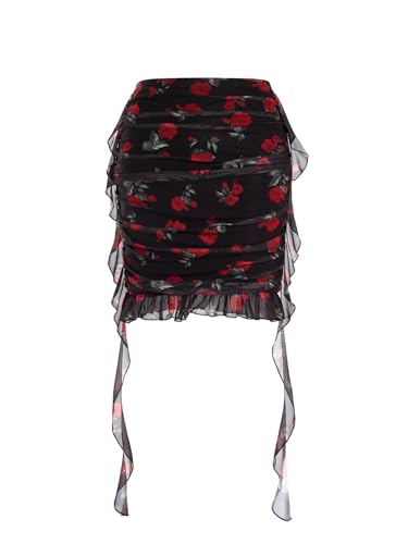 Verdusa Women's Floral Mesh Micro Mini Skirts Ruched High Waist Bodycon Ruffle Skirt