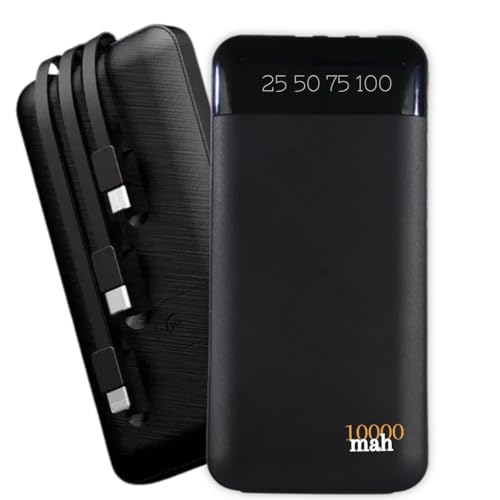 Carregador Portátil Power Bank Universal 10000mAh 3 Cabos Integrados Design Leve, Compacto e Ultra Rápido Com Entradas (Micro USB, USB-C e IOS) Led Com Indicador Bateria