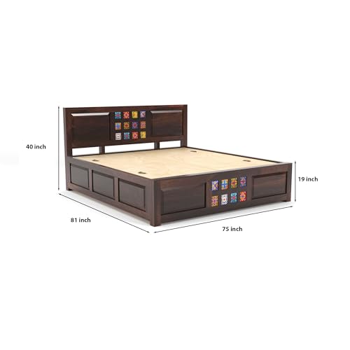 Image of Furniture Sheesham Wood King Size Bed with Storage Box | Wooden Box Bed King Size Double Cot Bed with Storage| Premium Tile Dalla Tile Design Headboard Bed for Living Room | Walnut Finish