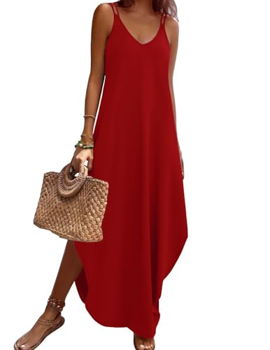 Image of Zeagoo Women's Casual Sundress Summer Maxi Sleeveless V Neck Split Boho Beach Dress Travel Vacation Dress with Pockets