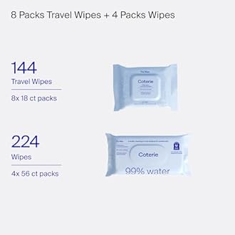 Coterie Baby Wipes for Sensitive Skin, Plant-Based & Plastic-Free Fibers, 99% Water, Hypoallergenic, pH Balanced, Unscented, Clean and Gentle Baby Essentials, 4 Standard Packs and 8 Travel Size Packs