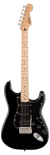 Image of Fender Squier Sonic Stratocaster HSS - Black Bundle with Fender Mustang Micro Headphone Amplifier, Strap, Cable, Picks, and Austin Bazaar Instructional DVD