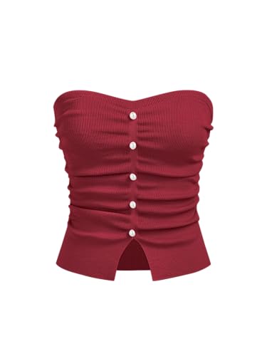 Image of CIDER Faux Pearl Tube Tops for Women Split Hem Knit Crop Y2K Going Out Tops | Cute Ruched Tops, Spring Summer Outfits, Vacation, Concert