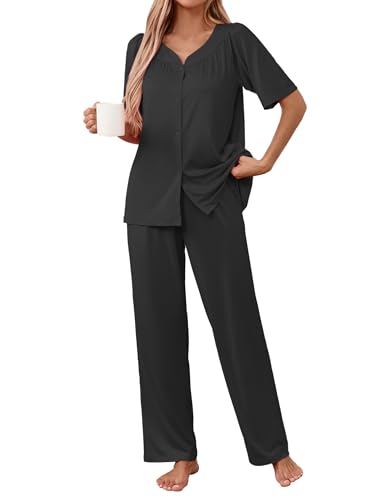 Famulily Ladies Pajamas Set Half Sleeve Crew Neck Sleepwear Button Up Pjs Comfy Pintuck Lounge Sets Black L