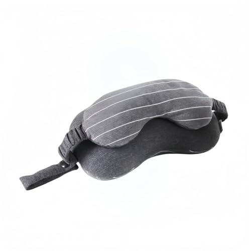 多機能ネックピロー・アイマスク一体型・24×13×14cm | 綿100%外側&発泡粒子内側構造・軽量携帯型トラベル枕 | 飛行機/車/オフィス/旅行用 快眠サポート 薄灰色 収納袋付き (暗灰色)