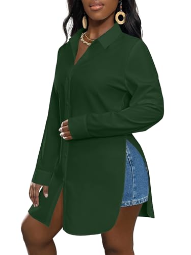 Image of LYANER Women's Collar Neck Long Sleeve Button Down Shirts Sexy Split Hem Tops Long Blouse Shirt Dress