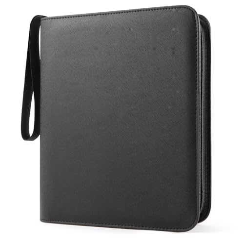 WisOffice Top Loader Binder 4 Pocket for 144 Toploaders Side Loading Toploader Binder for 3 x 4 Rigid Cards with Zipper Closure PU Leather Ringless 2x2 Card Binder for MTG/TCG/Sports/Games Black
