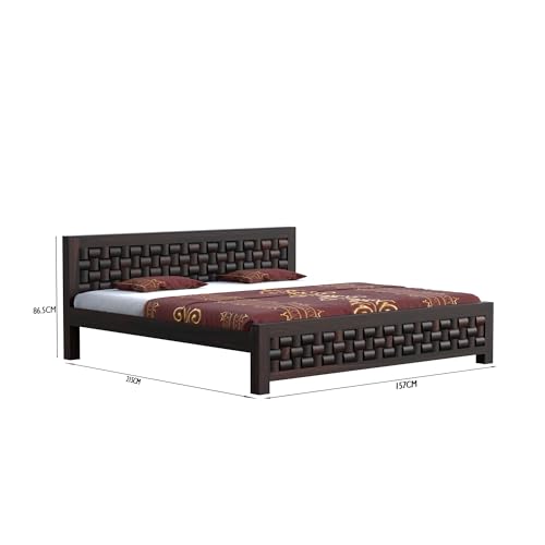 Image of Solid Sheesham Wood Queen Size Bed Without Storage | Wooden Double Bed Cot for Bedroom Furniture | Palang Double Bed for Hotels | Niwar Patti Design, Walnut